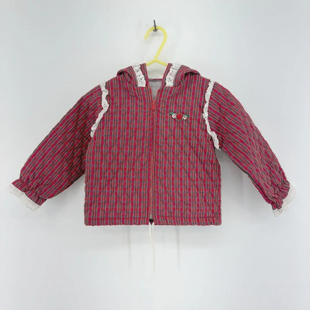 Vintage Doe-Spun Toddler Girls Red Plaid Quilted Hooded Jacket Lace Trim 24M